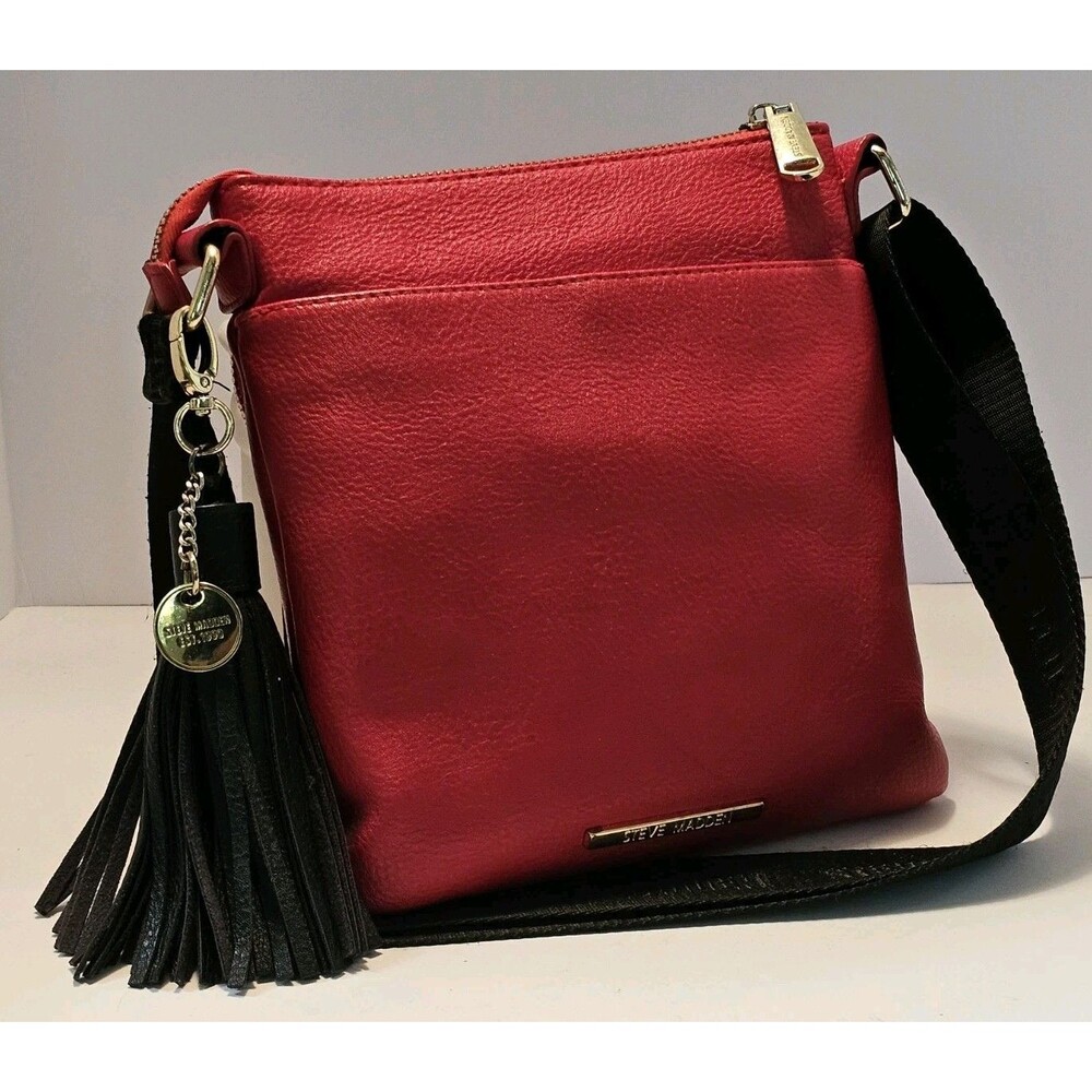 Steve Madden Red Double-Zip Crossbody Bag Black Strap Tassel EUC